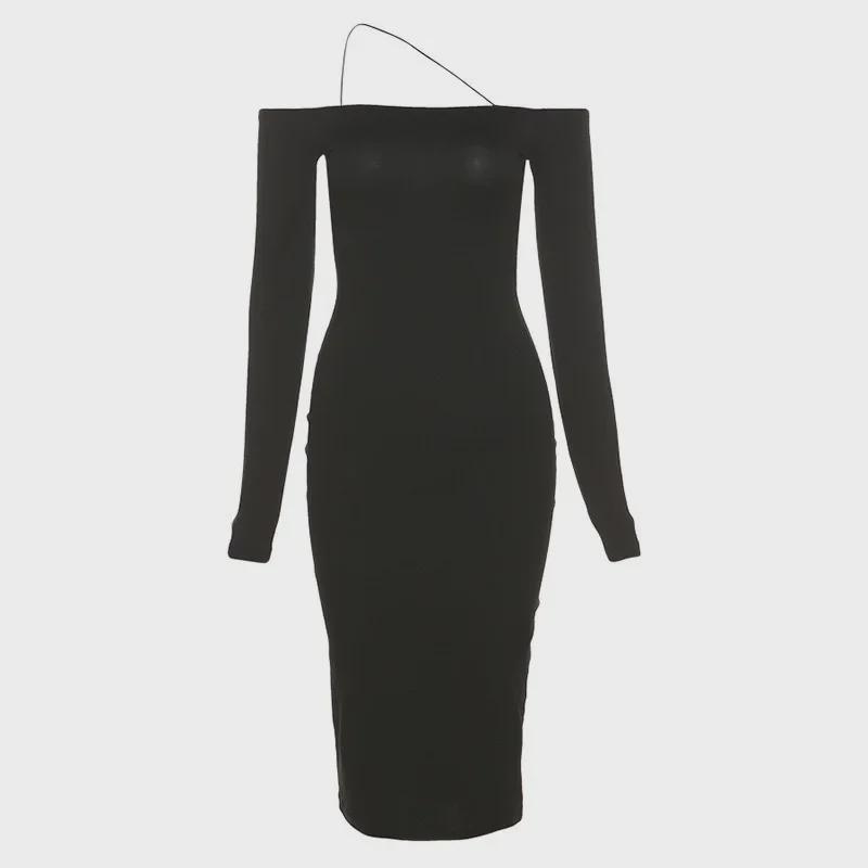 Women's Fashion: 2021 Autumn One-Shoulder Off-the-Shoulder Slim Fit Long-Sleeve Hip-Hugging Dress