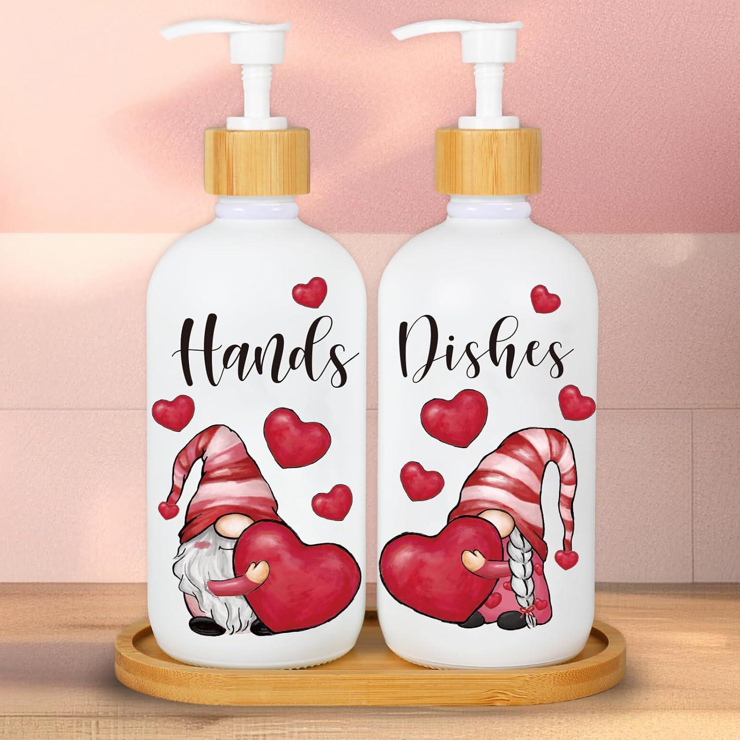

2Pcs Valentine s Day Soap Dispenser with Tray Red Heart Gnome Dishes and Hands Dispenser with Pump 16 Oz Refillable Liquid Soap