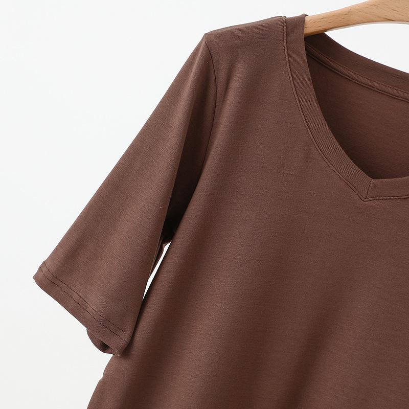 Women's V-Neck Mid-Sleeve Cotton T-Shirt - 2025 Spring/Summer Collection, Fitted Waist, Solid Color
