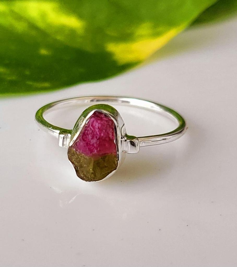 Roher Wassermelonen-Turmalin Edelstein 925 Sterlingsilber Ring Gr. 7.75 Geschenk für Sie