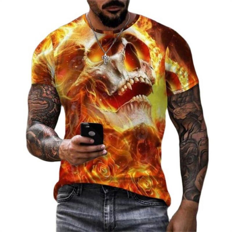 Summer Men's Fashion Trend New T-shirt 3D Flame Skull Digital Print Hip Hop Loose Street Clothing Casual Daily Round Neck Top