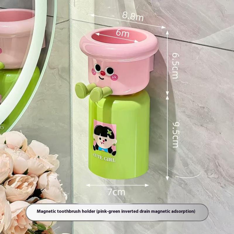 Kreslený držák na zubní kartáčky Bez vrtání Magnetický Obrácený kelímek na zubní kartáčky Nástěnný úložný prostor do koupelny Stojan na kelímky na vyplachování úst