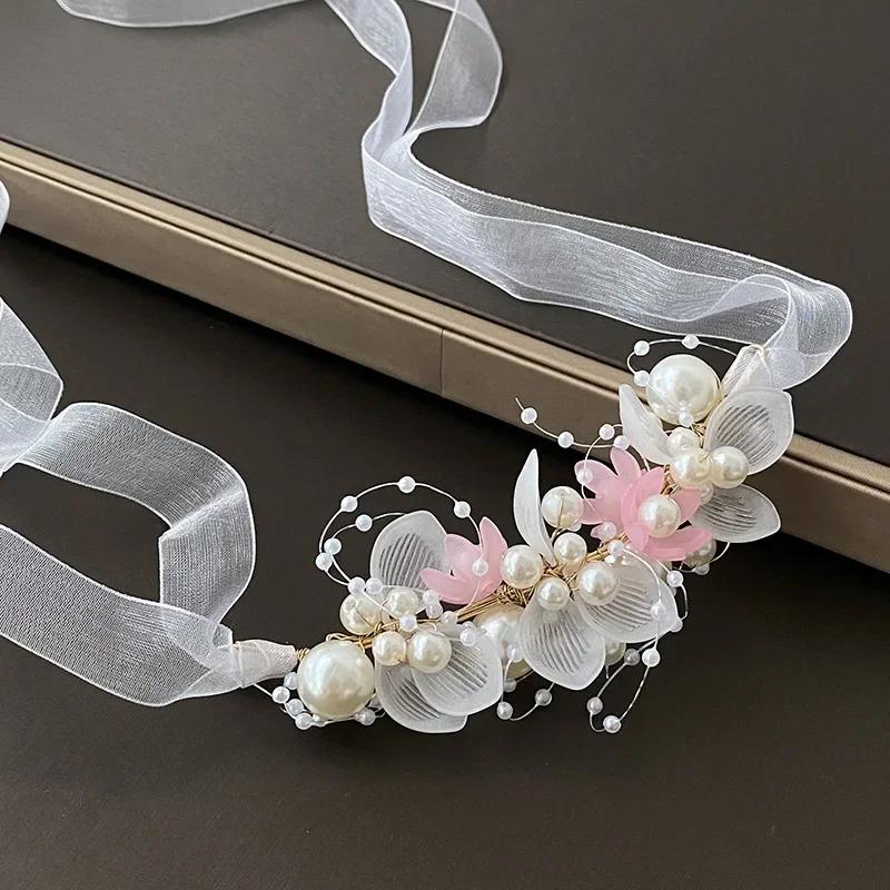 Spring Bohemian Girls Bridal Pearl Hair Headdress Flower Wreath Bride Garland Head Hoop Headbands Hair Jewelry Children Gifts