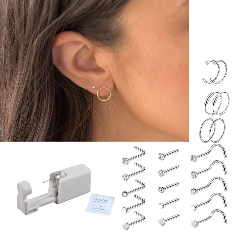 Disposable Safe Sterile Nose Ring Stud Piercing Unit Nailer with 21x Nose Stud Professional Machine Women Body Jewelry