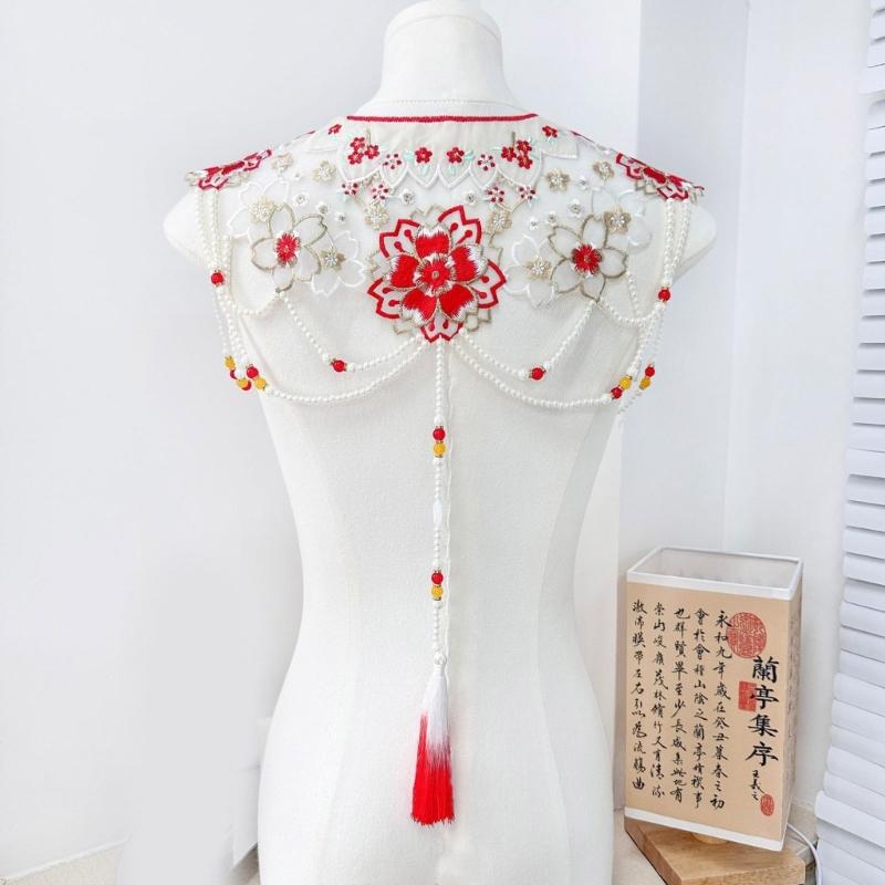 Traditional Chinese Styles Embroidery Collar Tassels Pearls Detachable Cloud Cape Decorative Collar Costume Accessory