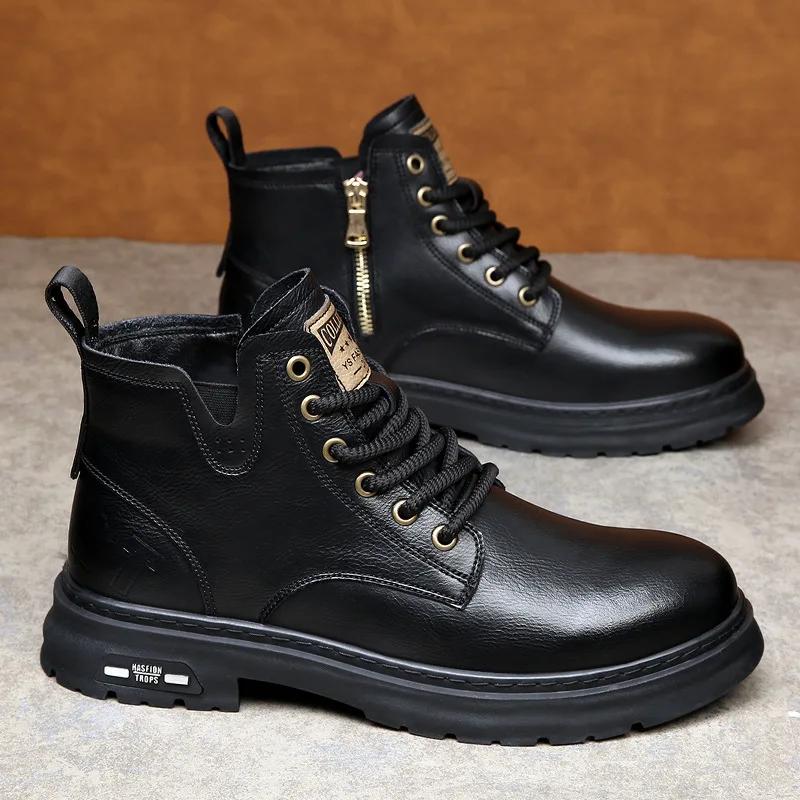 Luxusní pánské boty z pravé kůže Módní motocyklové boty Retro ležérní kotníkové boty pro muže Zimní teplé pánské boty Botas Hombre