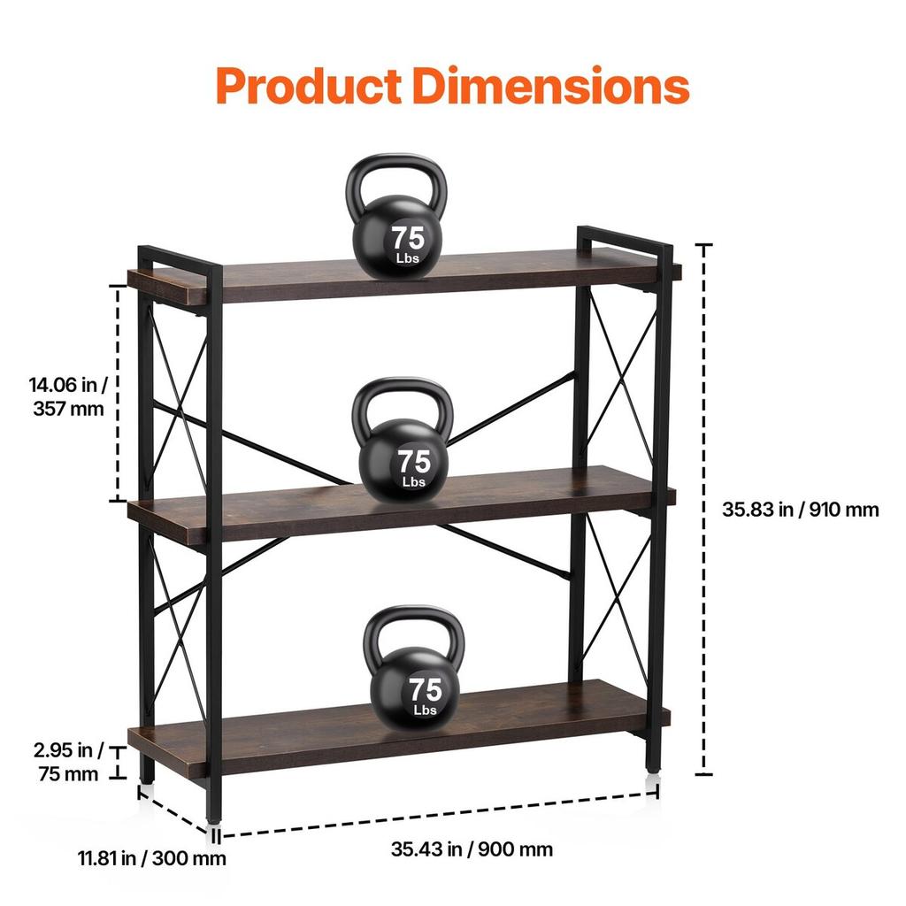 Metal Bookshelf Rustic Bookshelf 3-Tier for Living Room Bedroom & Office