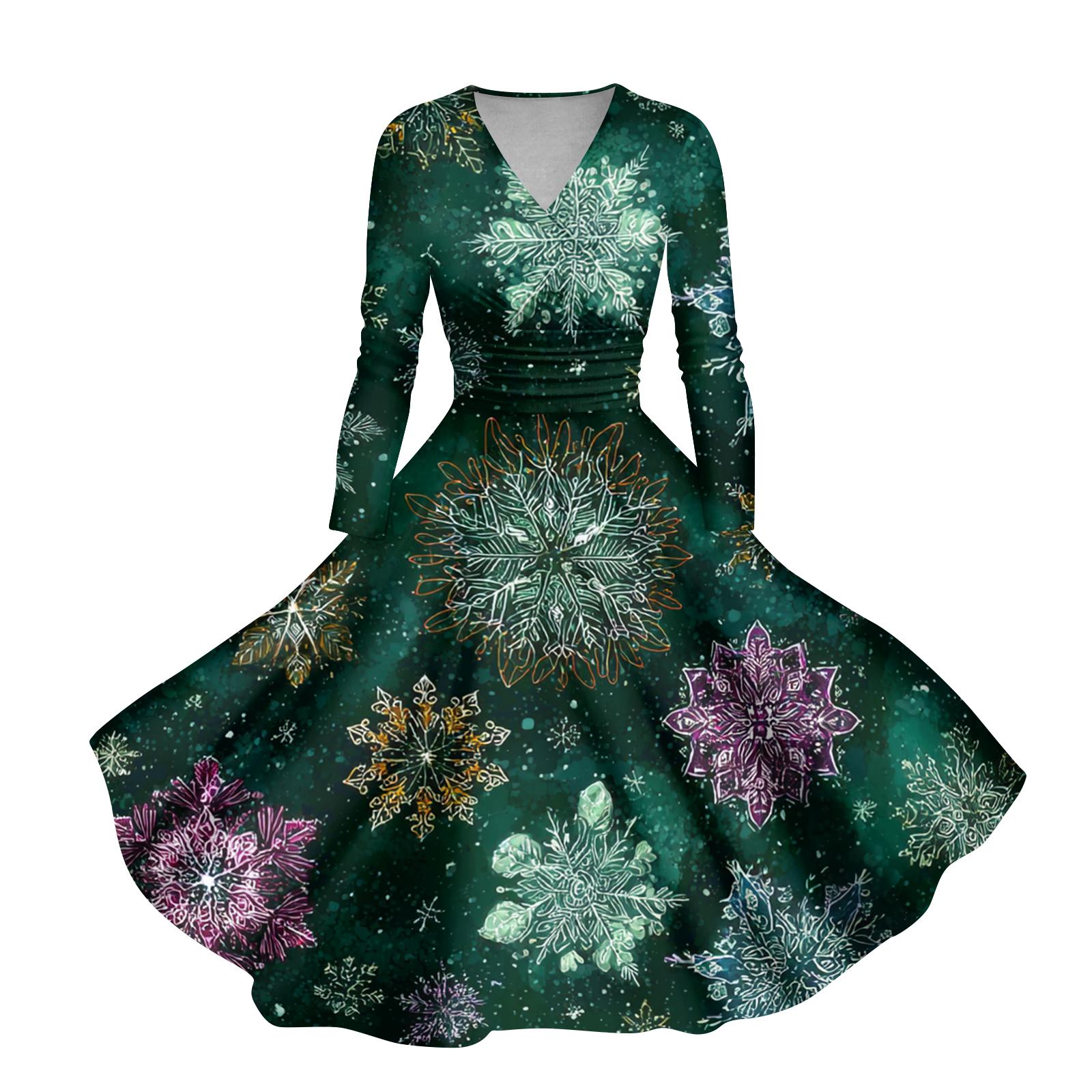 

Женское повседневное и модное платье с принтом рождественской елки, длинным рукавом, V-образным вырезом, сексуальное, с карманом S