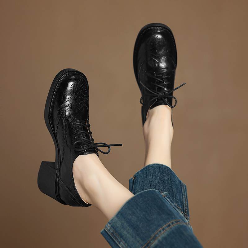 Krazing Pot Sheepskin Autumn Winter Shoes Lace Up Chunky Heels Oxford Shoes Size 43 Round Toe Deep Mouth Pumps