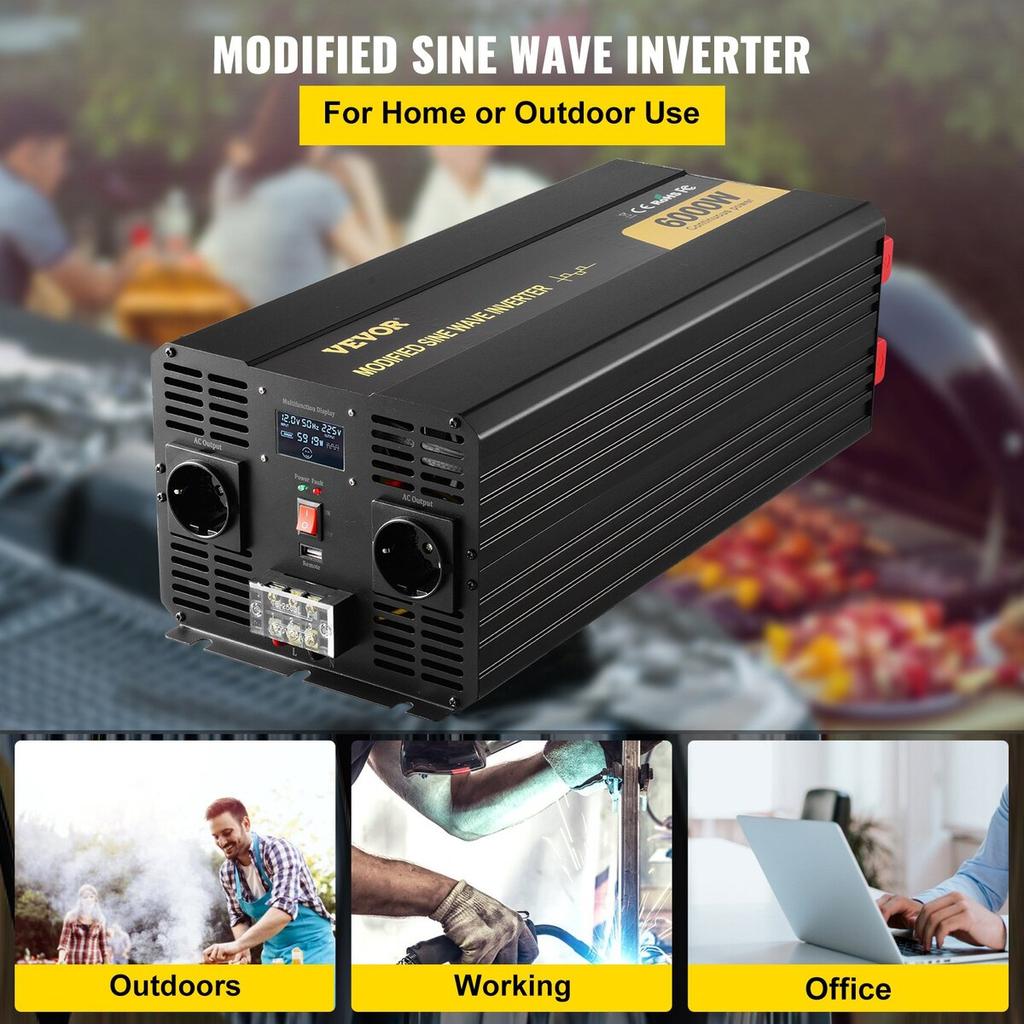 Power Inverter Modified Sine Wave Inverter 6000W DC 12V To AC 230V LCD