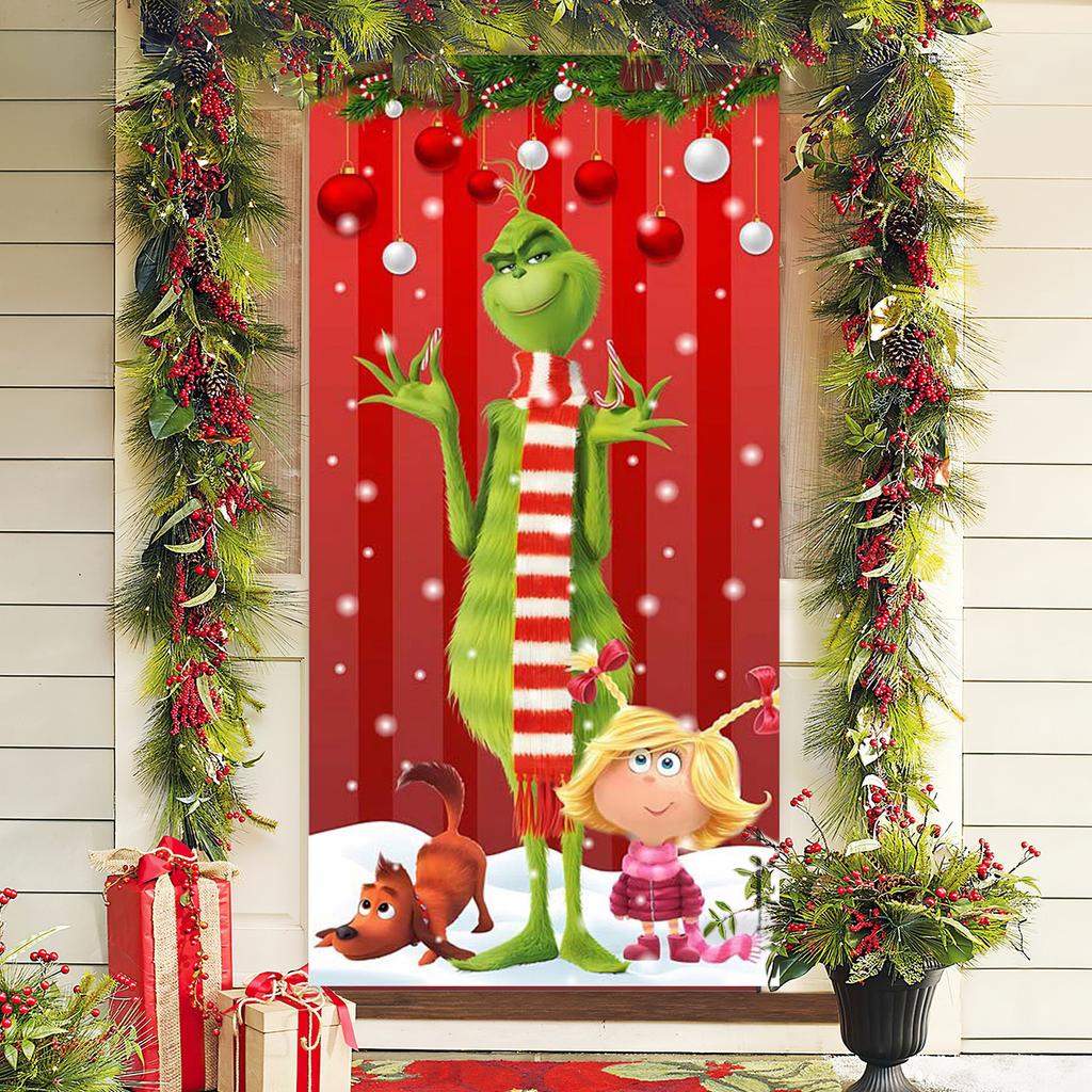 Christmas Door Cover Decorative Hanging Cloth Green Door Cover Christmas Door Curtain New Year Tapestry Door Cover Background