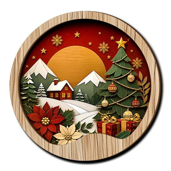 Multi Layered Wood Wall Sculpture Round Wooden Winter Mountain Art with 3D Snow Scenery for Holiday Handcrafted View Decor Home Decor, Rustic