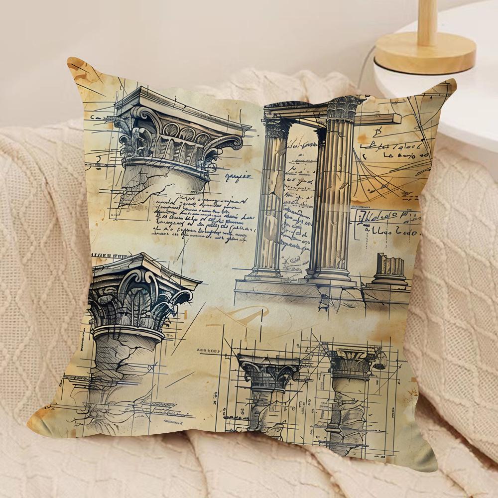 Retro Roman Architectural Cushion Cover Silky Short Plush Invisible Zipper Dustproof Sofa Pillow Case For Home Decor