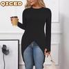 QICED Fashion Autumn Winter Solid Color Print Long Sleeve O-Neck Casual Dresses Unique design
