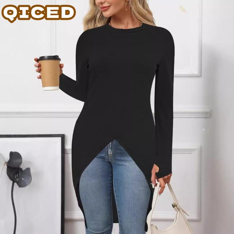 QICED Fashion Autumn Winter Solid Color Print Long Sleeve O-Neck Casual Dresses Unique design