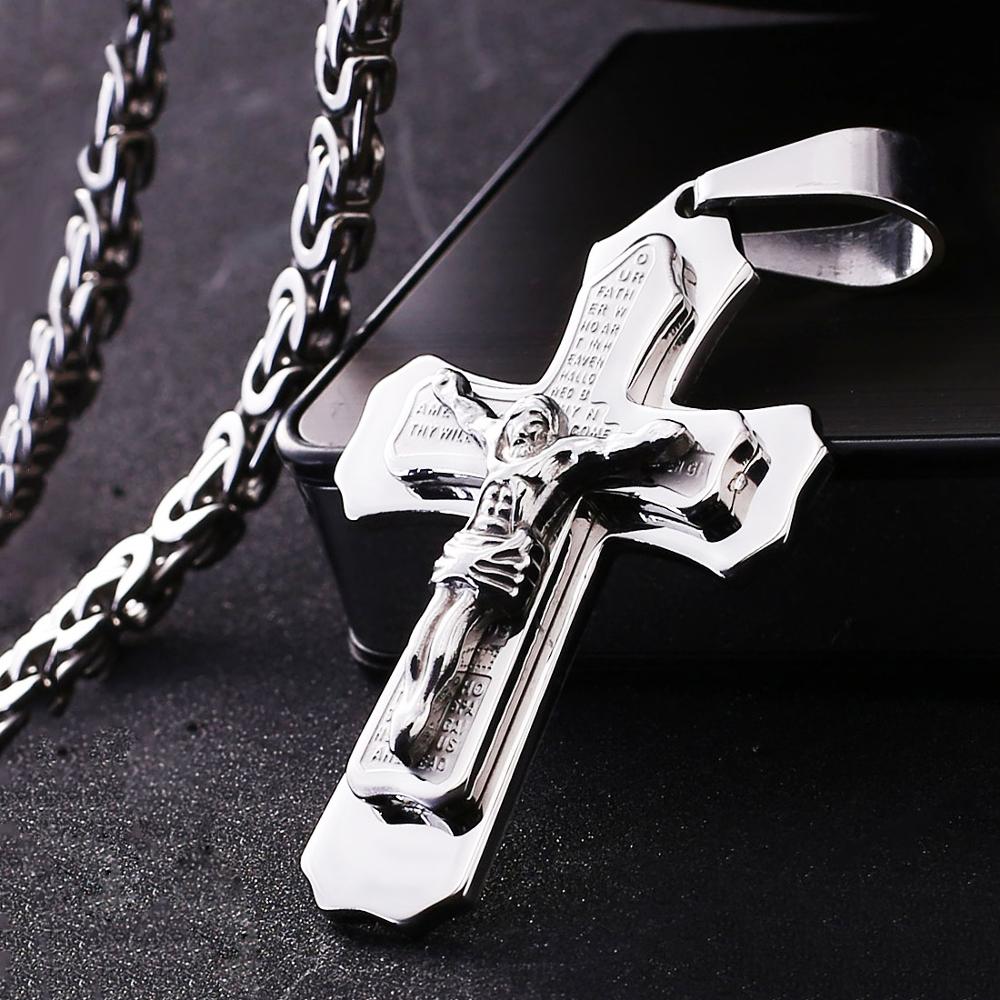 Bible Silver Color Jesus Cross Stainless Steel Pendants Necklaces Byzantine Long Chain Necklace for Men Jewelry Colar Collier