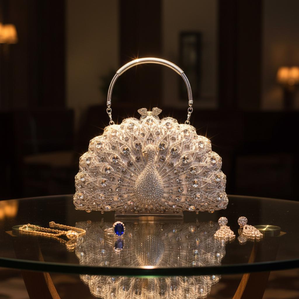

Crystal Clutch Hollow Large Peacock Diamond Evening Bag High Quality Style Party Wedding Handbag Women Alloy Magnetic Clasp Bag L23xW8xH14cm
