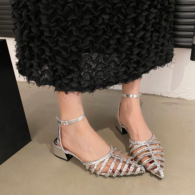 Fashion 2025 Luxury Rhinestone Narrow Band Sandals Woman Elegant Point Toe Low Heel Ankle Strap Ladies Evening Party Shoes