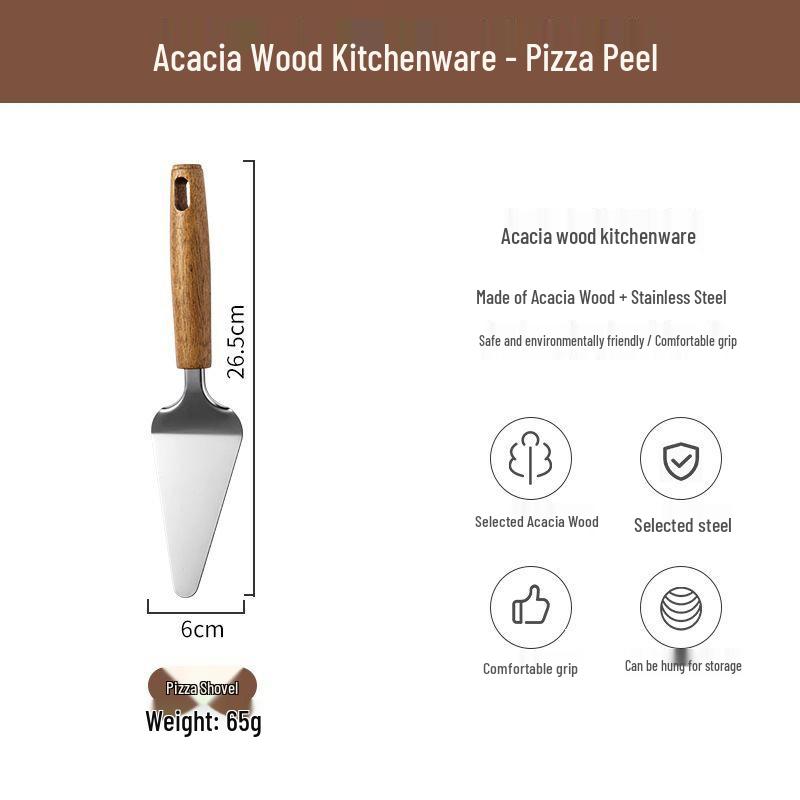 Acacia Wood Kitchen Gadget Set: Peeler, Can Opener, Egg Beater, Pizza Cutter, Cheese Shovel