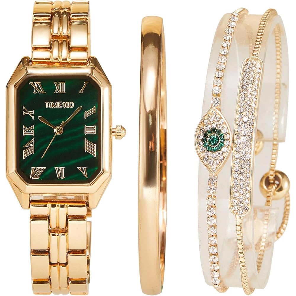 TIME100 Gold Women's Quartz Watch Gift Set Elegant Stainless Steel with 3 Bracelets and Gift Packaging