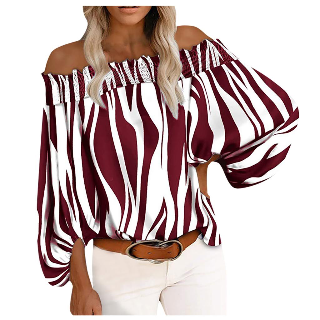 Women's Casual Striped Print Sexy One-Shoulder Long-sleeved Chiffon Shirt