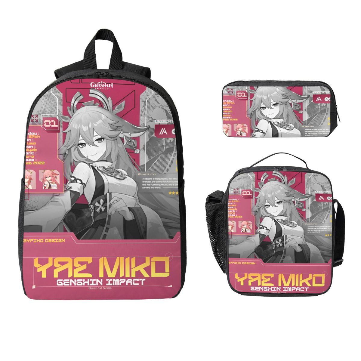 Set de 3 pièces Yae Miko Genshin Impact Sac à dos pour enfants Sacs à crayons Sacs d'école avec boîte à lunch Pour les élèves Sac à dos
