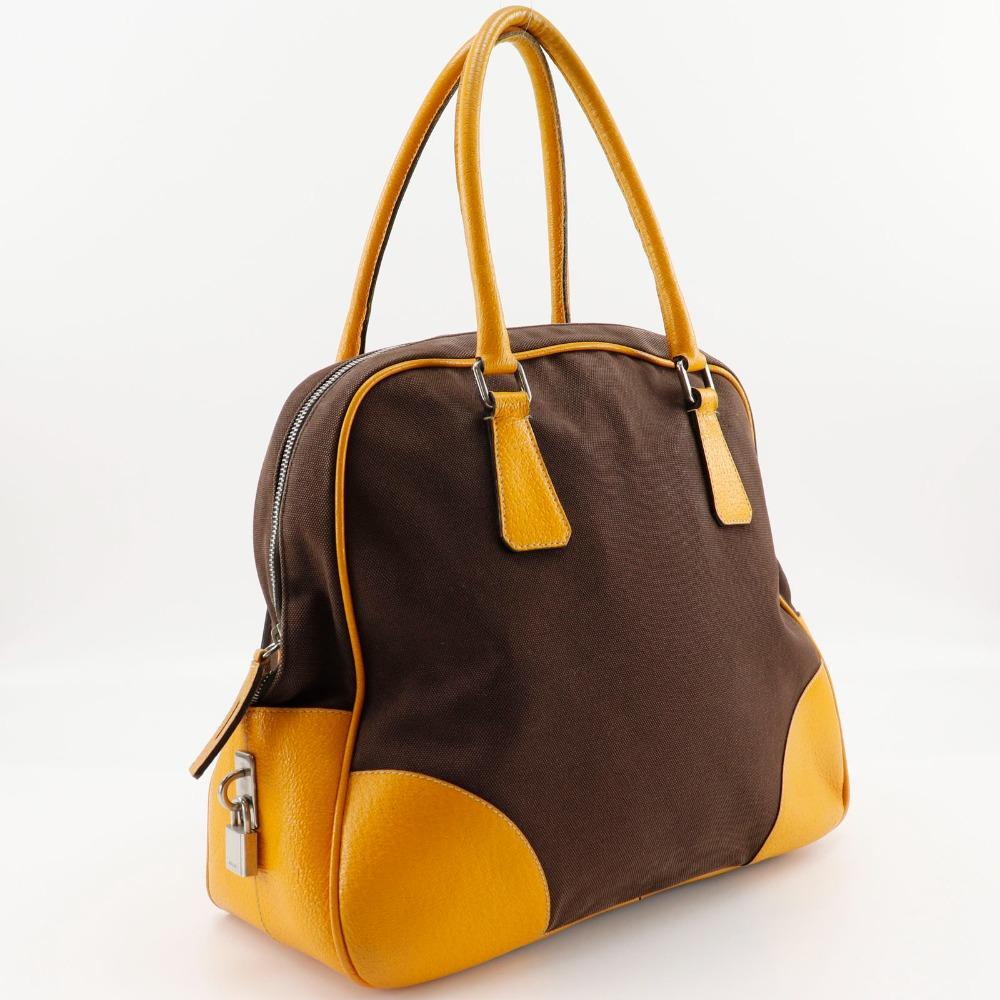 Prada Mini Boston Tote Bag Brown Canvas Women Used
