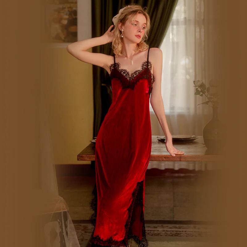 

Сексуальная пижама для женщин в осеннем кружеве, милая однотонная ночная рубашка, длинная, мягкая и удобная бархатная ночная рубашка для женщин L
