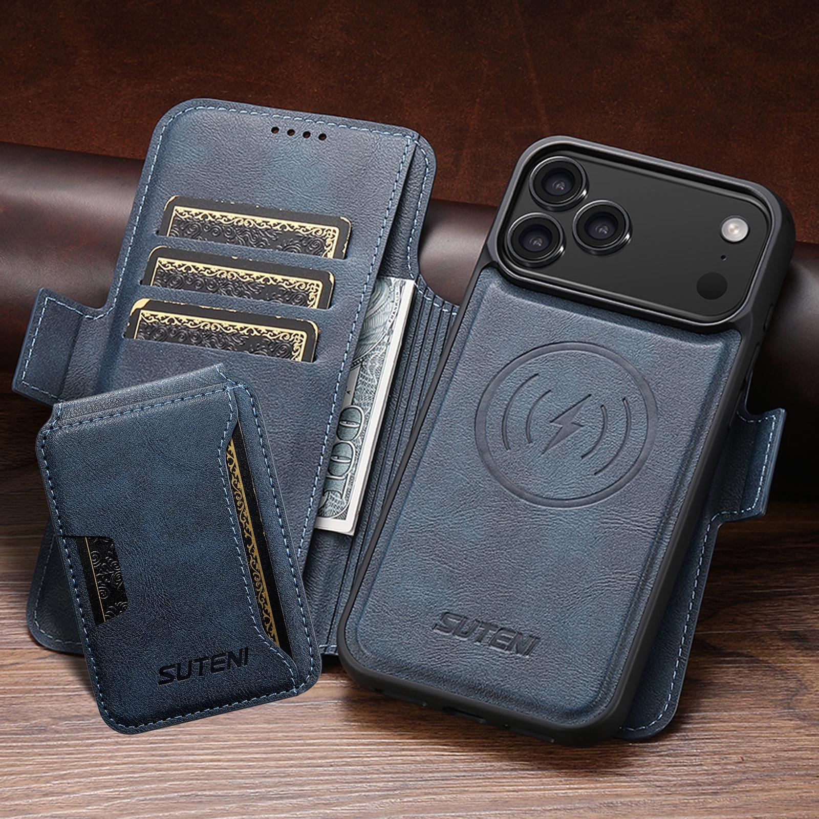 

Кожаный чехол-книжка для iPhone 17 Pro Max со слотом для карт, магнитной застежкой и беспроводной зарядной подставкой 3-в-1 iPhone 17 Pro Max синий