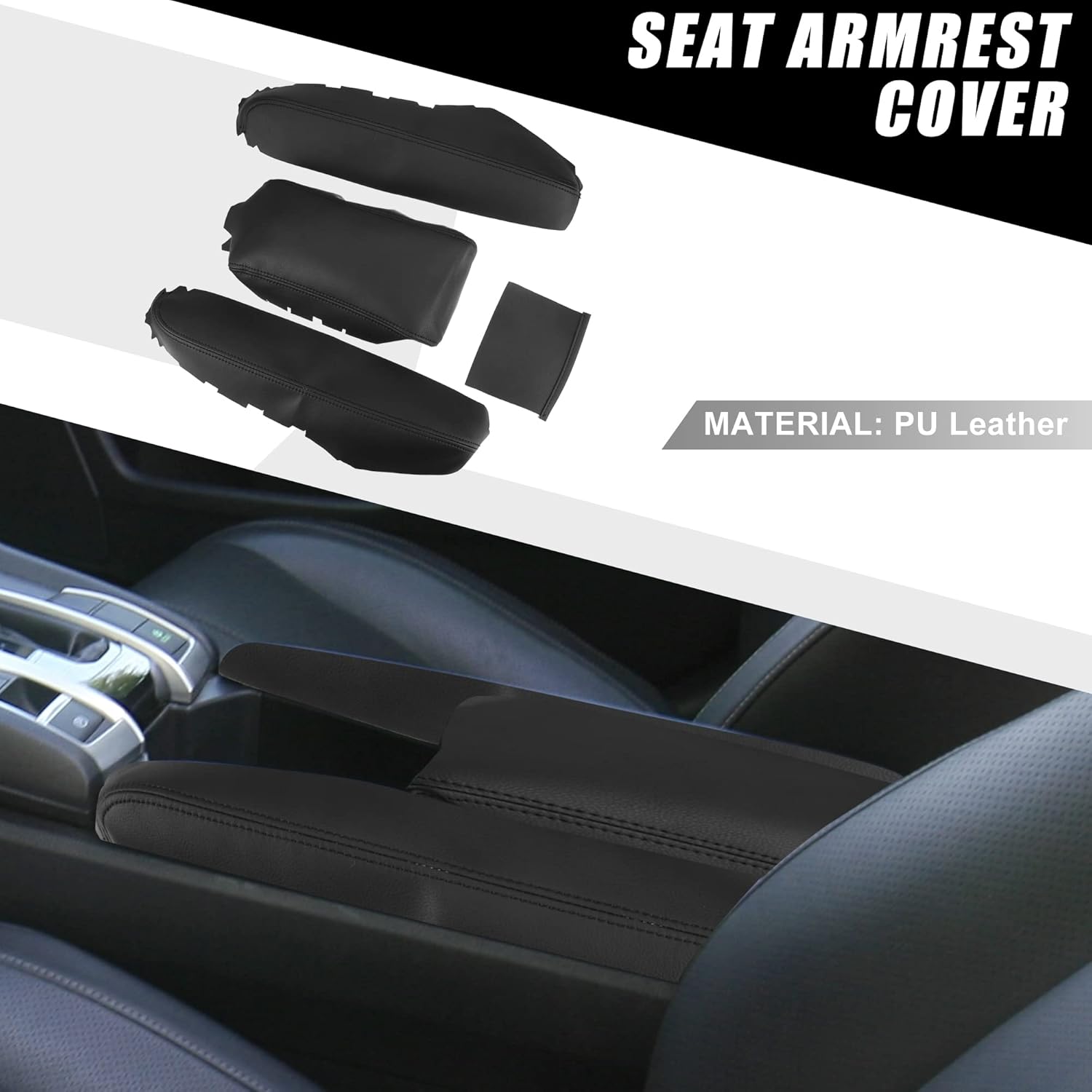 Black Faux Leather Armrest Protector Cover Pad Replacement for Honda Civic 2016-2021 (Set of 1)