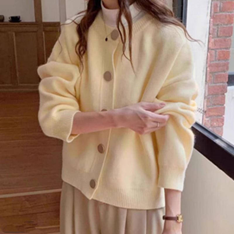 Womens Knit Cardigan Round Neck Metal Buttons Loose Fit Short Sweater Commute