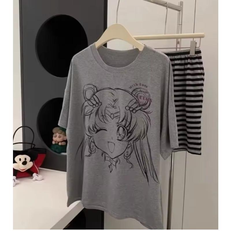 

New Hot Y2k Oversized Tshirt Japanese Pajamas Summer Cotton Crew Neck Cute Cartoon Striped Casual Loungewear 4XL