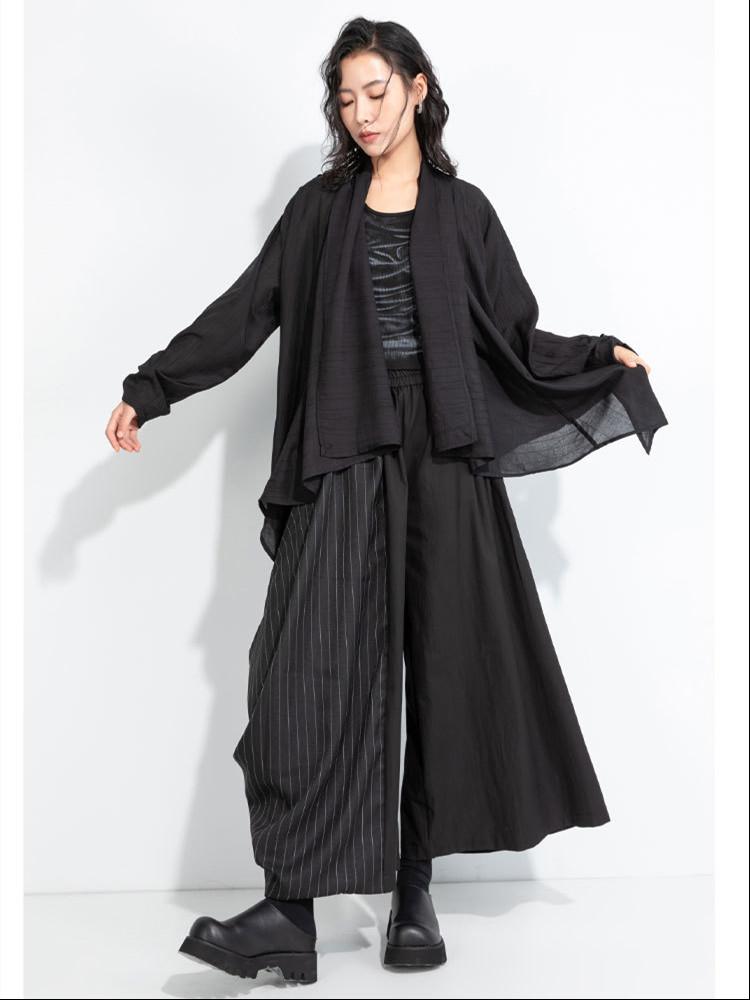 Black Stripe Plus Size Spring Autumn High Waist Wide Leg Pants Women Loose Casual Trousers