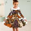 Girls Halloween Printed Dress Furry Trim High Neck Long Sleeve A Line Flared Hem