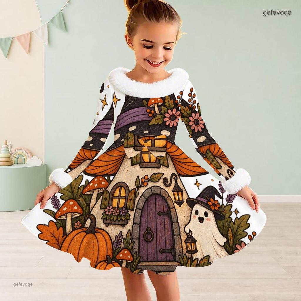 Girls Halloween Printed Dress Furry Trim High Neck Long Sleeve A Line Flared Hem