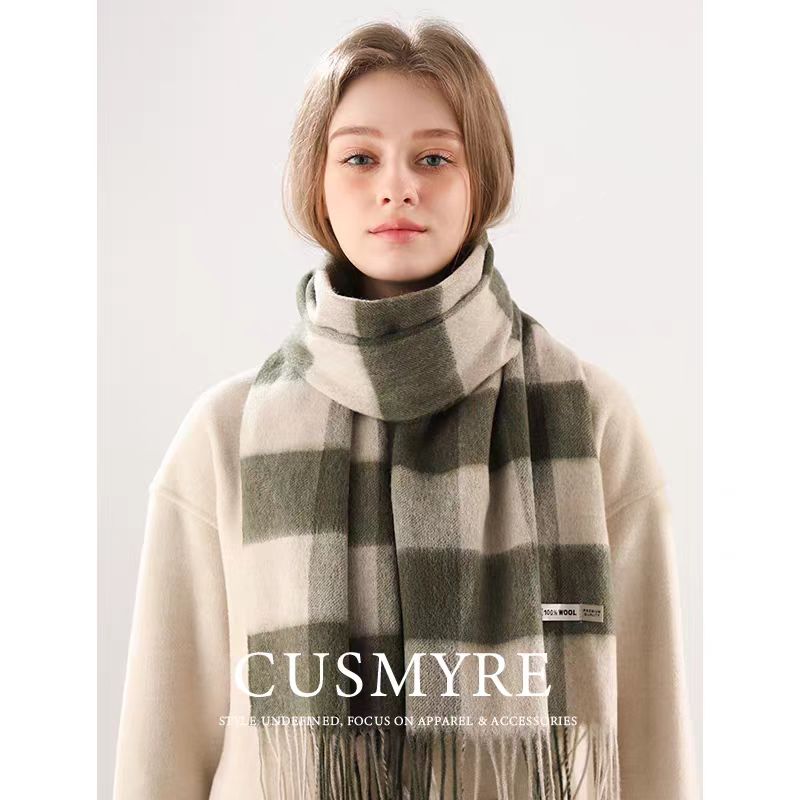 Checkerboard Grain Scarf Female Winter Warm Pure Wool Cashmere Shawl Couple Accessory Premium Sense Windproof Scarf For Women