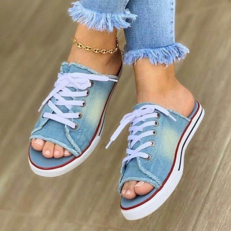 Women's Slippers Open Toe Womens Canvas Shoes Lace Up Denim Beach Sandals Shoes Non Slip Summer Women Shoes New Pantuflas Mujer