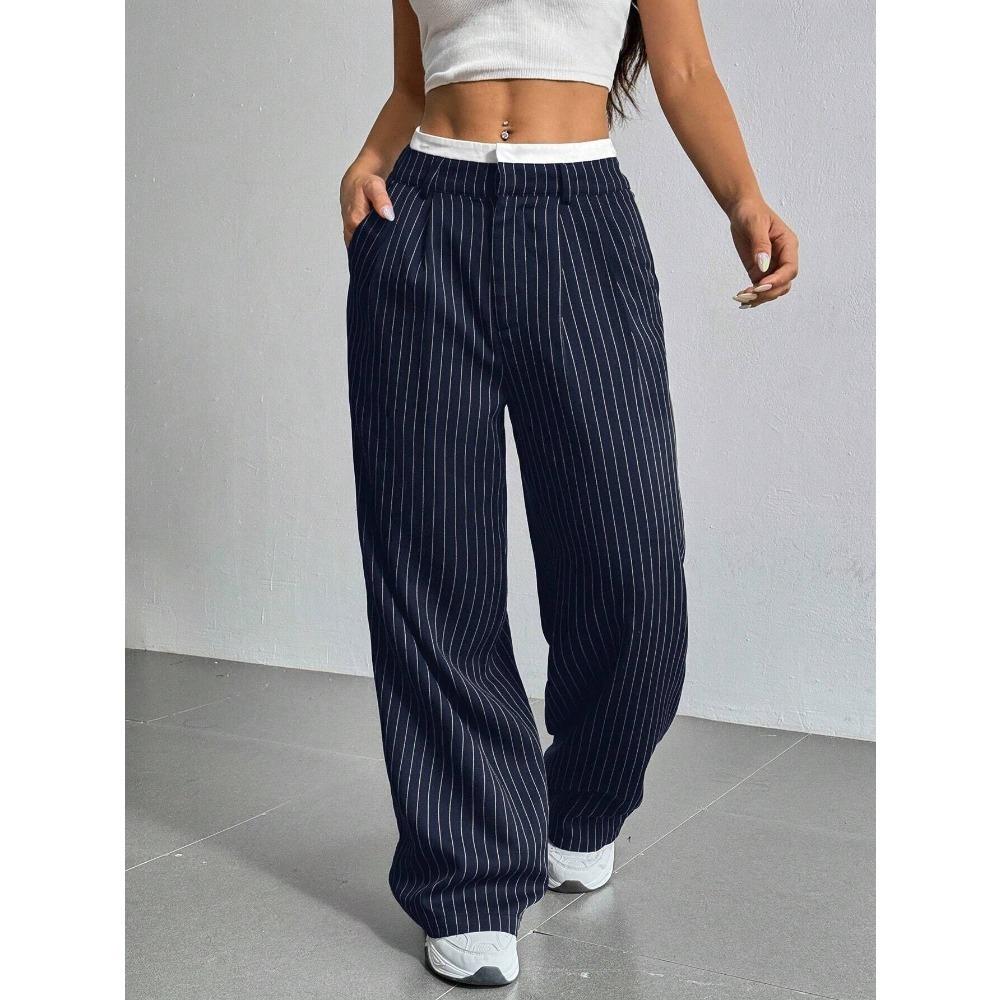 Women's Trousers Japanese and Korean Casual High Waist Color Matching Simple Drape Striped Straight Trousers Wide Legs