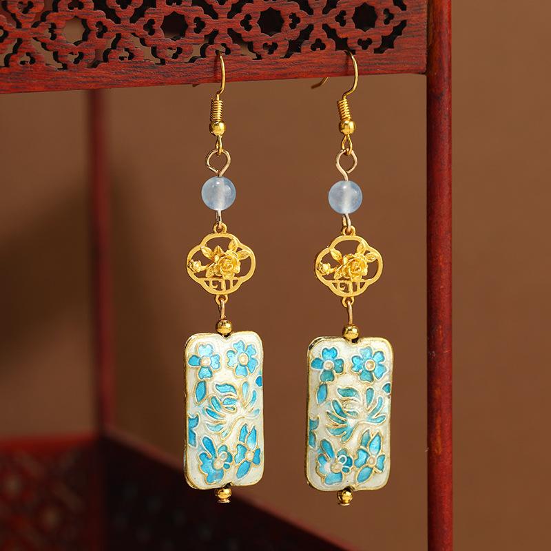 Original design cloisonne earrings women's retro enamel flower square brand earrings medium cheongsam earrings