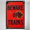 Vintage 'Beware of Trains' Metal Tin Sign Rusty Oxidation Stain Decor, Industrial Railway Warning Sign with Black Border & Stars