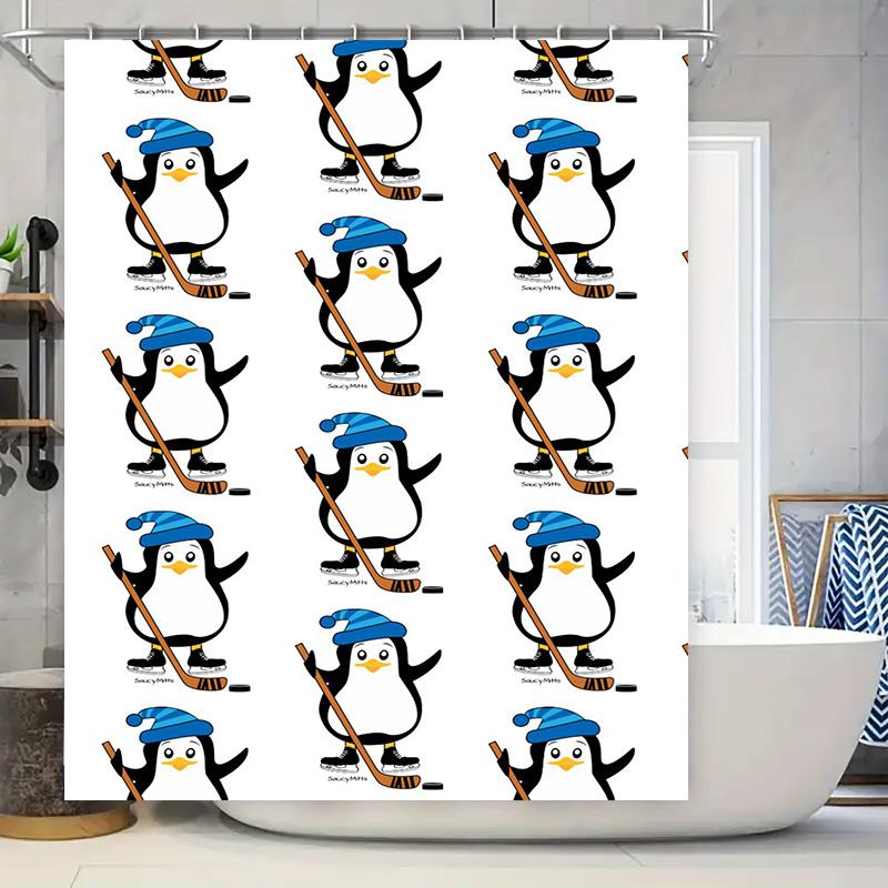 Ice Hockey Penguin Shower Curtain Waterproof Home Decor Bathrooms Kitchen Bathroom Decoration Print Kids Room Christmas Gift Whi