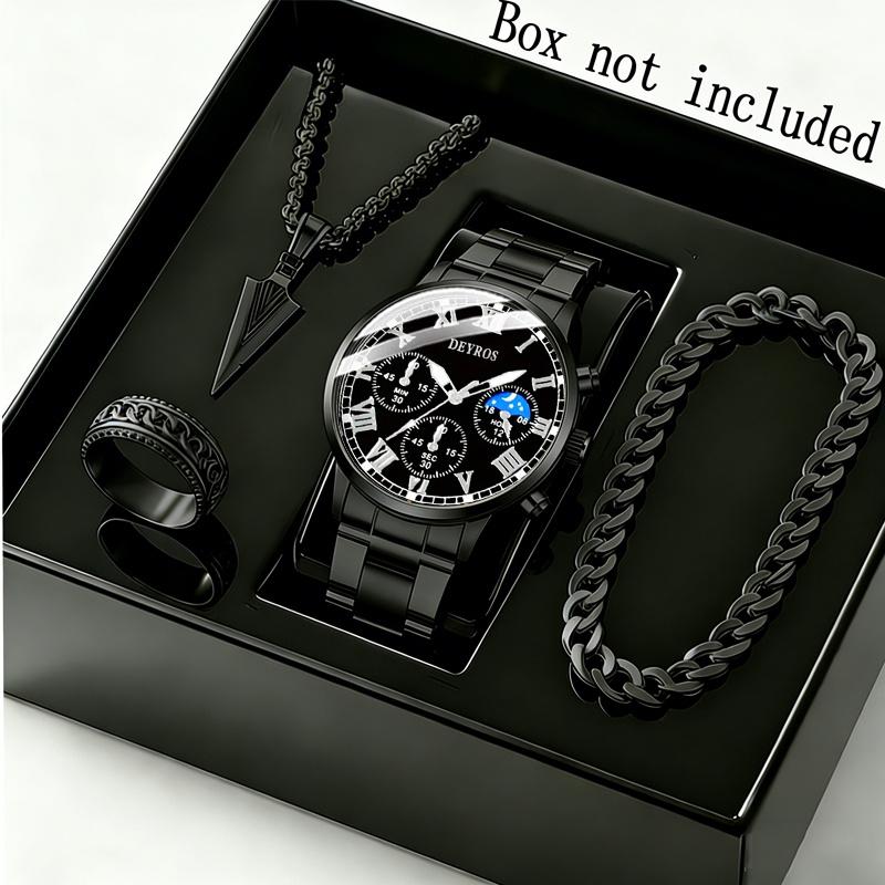 4pcs/set Men Quartz Watch Set Luxury Mens Wristwatch Men's Jewelry Set Necklace Bracelet Ring Business Gift Watch