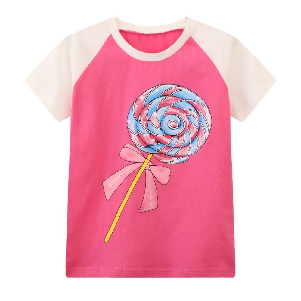 Girl's Pink Shoulder Short sleeved T-shirt - Colorful Whirlpool Candy Bow Print, Fun Summer Casual T-shirt