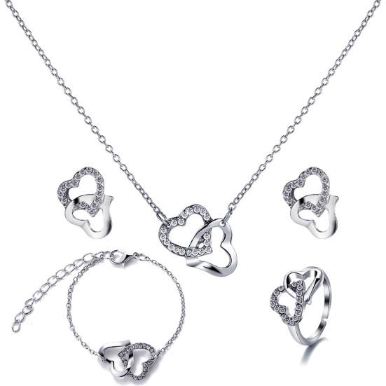 4Pcs/Set Necklace Earrings Ring Bracelet Hollow Out Heart Pendant Jewelry Korean Style Simple Jewelry Set for Daily Wear