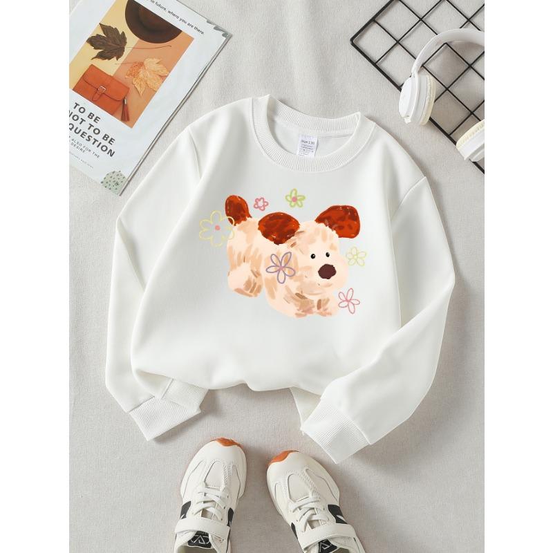European sizes Girls' Soft Crewneck Sweatshirt, Cute Puppy with Flowers Print, Casual for Fall Winter, Ideal Holiday Present.