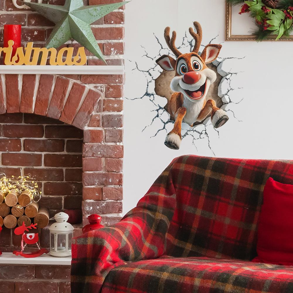 Christmas Atmosphere Breaks Through The Wall Cute Reindeer Living Room Entrance Hall Home Wall Decoration Stickers