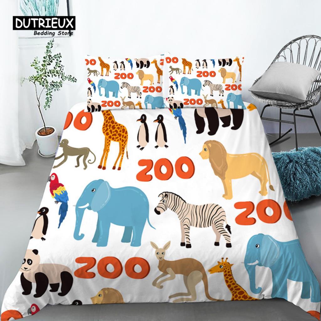 Funny Cartoon Animals Duvet Cover With Pillowcases Bear Chicken Rabbit Lions 3D Print Toddler Bedding Set For Kids Teens Decor