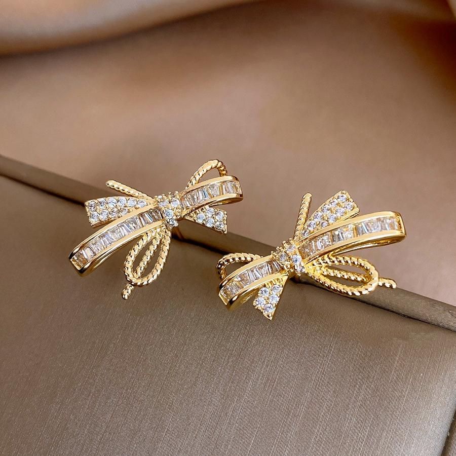 14k real gold electroplating simple zircon bow stud earrings exquisite versatile earrings