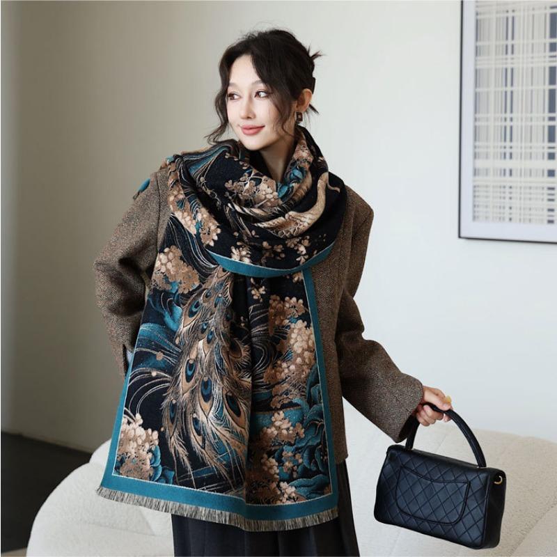 Autumn and winter new scarf female peacock oil painting imitation cashmere shawl versatile fashion thickened warm shawl scarf