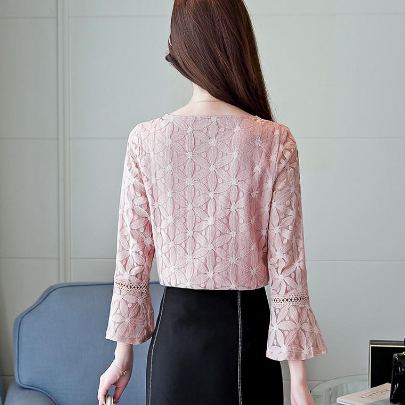 SURWENYUE růžová halenka s výstřihem do V dámské módní halenky s dlouhým rukávem krajková halenka košile dámské topy košile